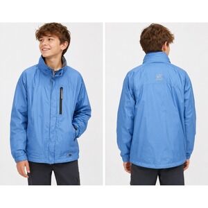 REI Elements Kids Blue Ripstop Rain Jacket Full Zip Hooded Windbreaker Coat